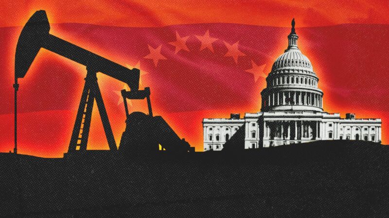 Oil drilling machinery on the left, the U.S. Capitol on the right and the Venezuelan flag in the background | Illustration: Midjourney/Ruletkka/Dreamstime
