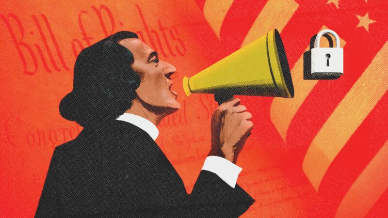 A person holds a megaphone toward a lock symbol with the First Amendment and the U.S. flag red-tinted in the background | Illustration: Wirestock/Envato/Midjourney
