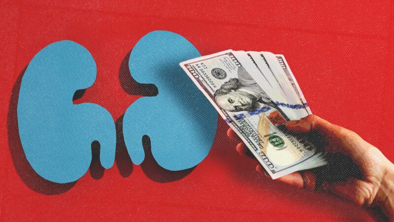 Against a red background are two drawn outlines of kidneys in blue, and a hand coming from outside the frame holding several $100 bills. | Illustration: AtlasComposer/Envato/Africaimages/Envato