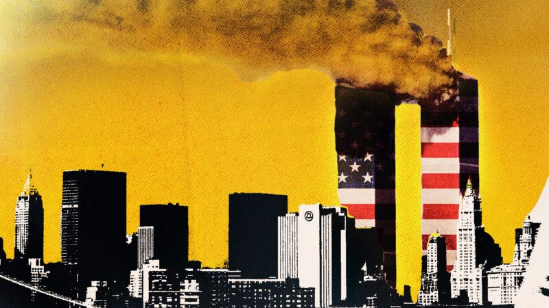 The Twin Towers on 9/11, with the American flag on the towers | Photo: Robert Stolarik/Polaris/Newscom. Illustration: Fatima Ruiz.