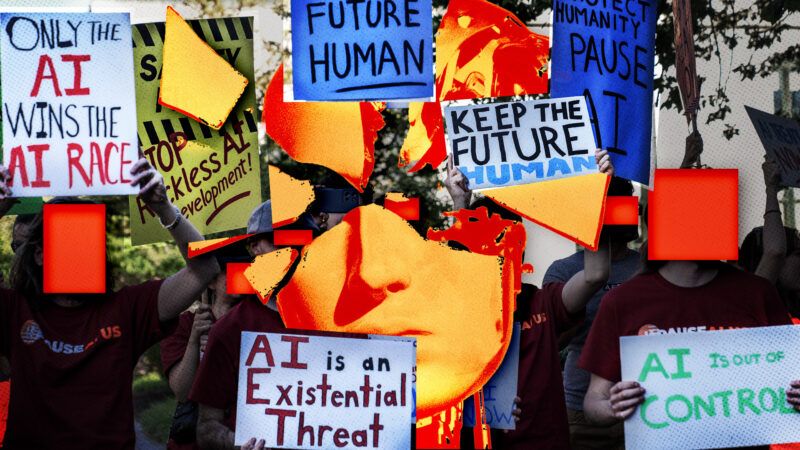 Anti-AI signs border a fractured drawing of a face | IMAGO/HASAN AKBAS PHOTOGRAPHY/IMAGO/mrhasanakbas/Newscom/Fatima Ruiz/Midjourney.
