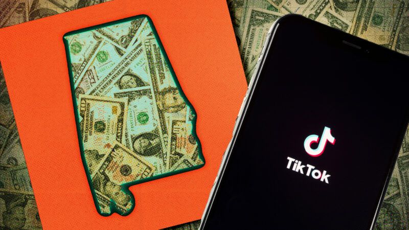 An outline of the state of Alabama filled in with U.S. dollars against an orange background, a smartphone with the TikTok logo | Allexxandar/Bigtunaonline/Olivier Le Queinec/Dreamstime