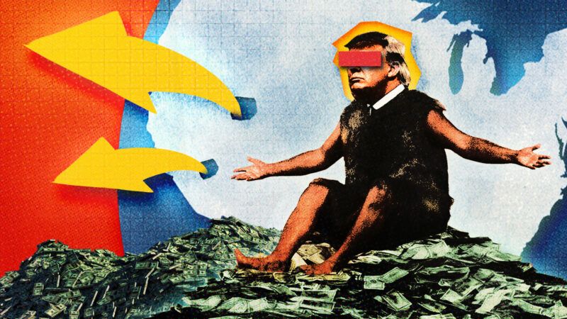 President Donald Trump, dressed like a caveman, sits on a pile of money in front of a map of the United States. | Illustration: Alla Kuzmenko/Pavel Chagochkin/Dreamstime/Fatima Ruiz/Midjourney