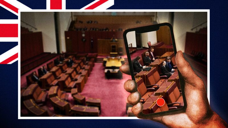 A pictures of Australia's Parliament with a cell phone recording it in video mode. | Illustration: Jason Bennée/Dreamstime/Wiki Commons/Midjourney