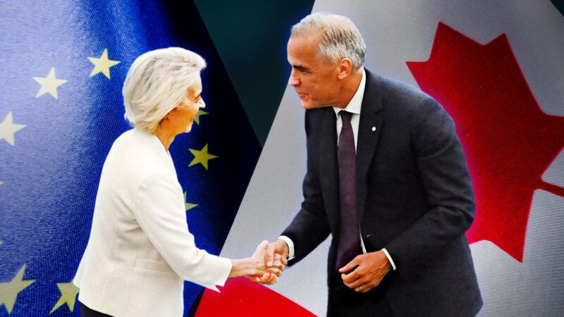 European Commission President Ursula von der Leyen and Canadian Prime Minister Mark Carney, in front of the Canadian and E.U. flags | Zengel/ZUMAPRESS/Newscom/Designer491/Dreamstime/Adani Samat