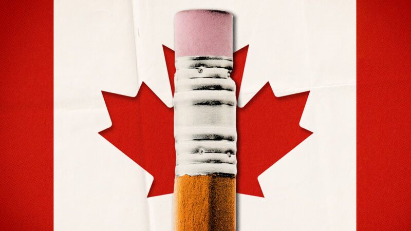 A Canadian flag with a picture of a pencil in front of it. | Photo: Alptraum/Dreamstime. Illustration: Fatima Ruiz