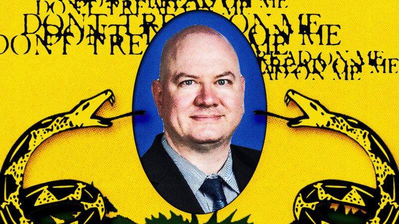 A photo of Daniel McCarthy in the middle of two snakes, a yellow background, and "Don't Tread on Me" stamped across the image | ToryAnarchist/X/Wiki Commons/Fatima Ruiz.