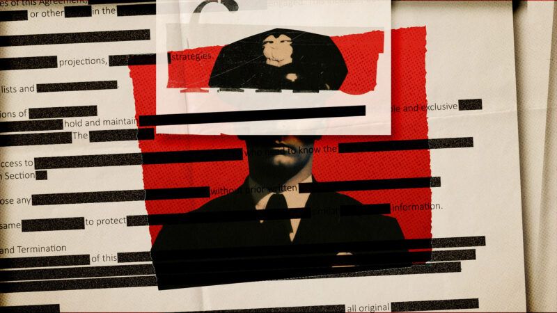 A figure of a law enforcement officer against a red background with redacted documents around the figure | Pictogram Studio/Federico Moreno/Dreamstime/Fatima Ruiz/Midjourney