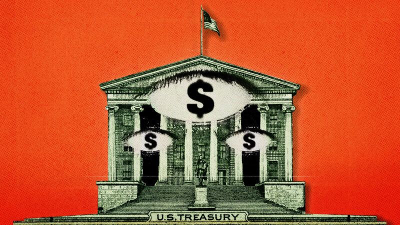 An orange background with a building formed from folded paper U.S. dollars with eyes made out of dollar signs | Photo: Mohamed Osama/Madartists/Dreamstime. Illustration: Fatima Ruiz/Midjourney.