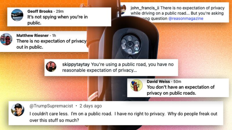 A Flock camera surrounded by screenshots of Instagram comments saying there's no expectation of privacy in public | Image: MiracleMiles/Wikimedia Commons. Illustration: Adani Samat