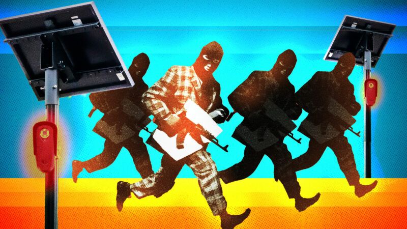 An illustration showing criminals and Flock cameras | Christopher Beckett/Sipa USA/Newscom/Midjourney