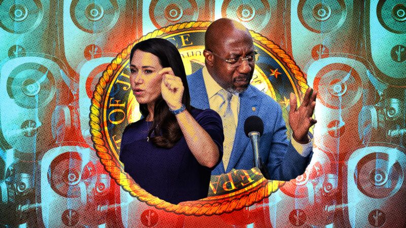 Sens. Raphael Warnock and Katie Britt against a backrop of Flock Safety automated license plate readers | Tom Williams/CQ Roll Call/Samuel Corum/Sipa USA/Charles McClintock Wilson/ZUMAPRESS/Newscom/Wiki Commons