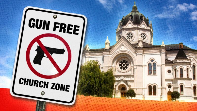 "Gun Free Church Zone" sign in front of a house of worship | Chaturon Kaikaew/Attila Jandi/Allen Graham/Eric Highfield/Dreamstime