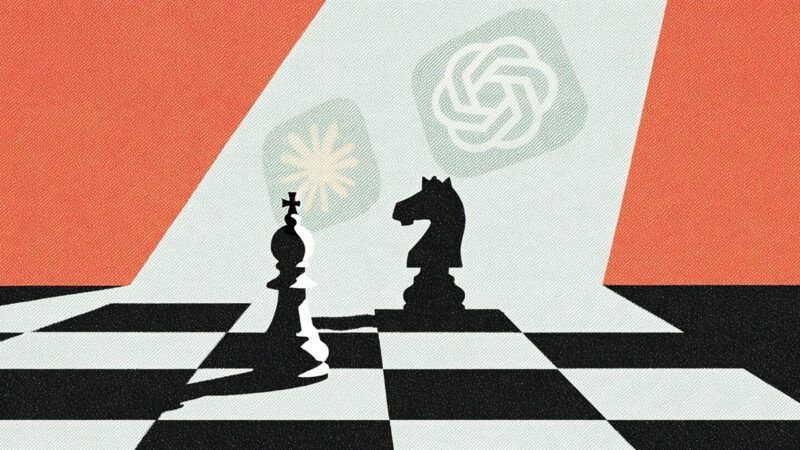Chess pieces on a chessboard with AI logos in the background | Illustration: Andre M. Chang/ZUMAPRESS/Newscom/Midjourney