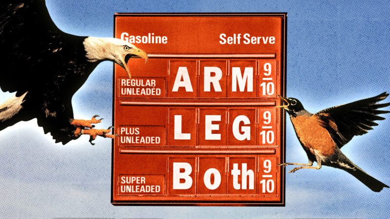 Bald eagles flying next to a gas station price board, which has the prices "ARM," "LEG," and "Both" | Photo: Heather Craig/Dreamstime. Illustration: Midjourney.