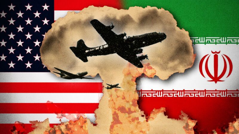 The United States flag in the background on the left, the Iranian flag in the background on the right, a mushroom cloud, and black outlines of planes | Illustration: Midjourney.