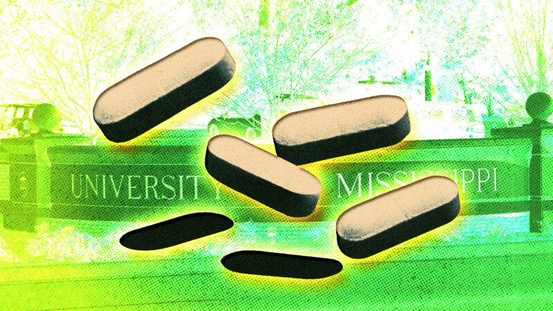 Filtered through a neon-green lens is a photo of a sign that says University of Mississippi on a low brick wall, and in front of the sign is an illustration of four pills falling to the ground. | Calvin L. Leake/Dreamstime/Midjourney