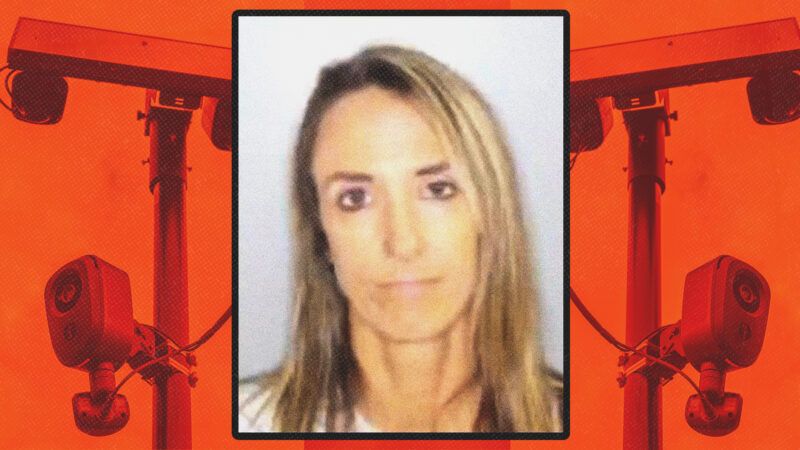 Laurie Moore's mug shot against a backdrop of Flock cameras | Illustration: Albany County Sheriff's Office/Matt Kaminsky/ZUMAPRESS/Newscom