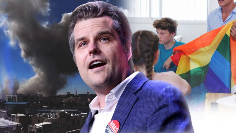 Matt Gaetz in the middle of the screen with a cluster of people holding a pride flag on the right and the aftermath of a bomb on the left | Gage Skidmore/ZUMAPRESS/Newscom/Iakov Filimonov/Mowj/MEI/SIPA