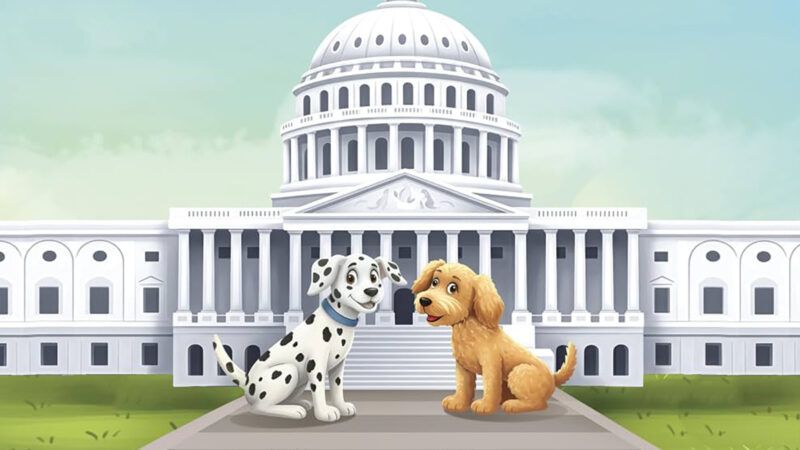 A children's book illustration of two dogs in front of the U.S. Capitol | Voices of Tomorrow Press