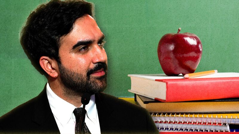 Zohran Mamdani against a green background, an apple sits on a stack of books next to him | Photo: Kyle Mazza-UNF News via CNP/Polaris/Newscom/Michael Flippo/Dreamstime.