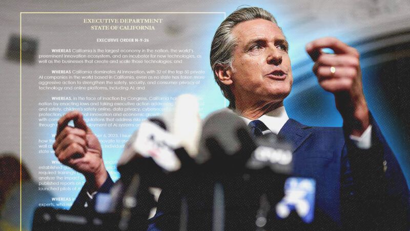 Gavin Newsom stands in front of a podium, white text is across the background | Illustration: Daniel Heuer/TNS/Newscom/State of California Executive Department  Photo: Weston Hancock/Sipa USA/Newscom