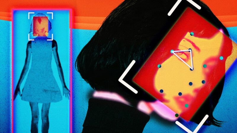 An image with a neon blue background, where a woman in a dress is having a TSA-like body scan, and, separately she is pictured on the right with a close-up of her face that has facial recognition dots on it. | Fatima Ruiz/Midjourney