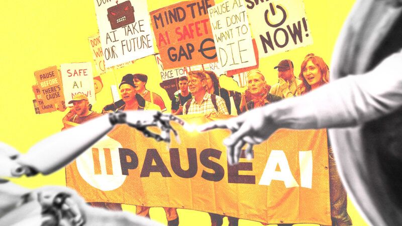 Protesters holding Pause AI sign | Photo: Vuk Valcic / SOPA Images/Sipa USA/Newscom. Illustration: Adani Samat/Midjourney