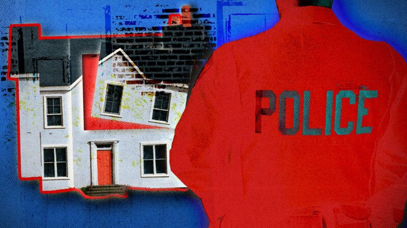 A police officer stands in front of a house that is partially broken. | Mathayward/Richnaz/Dreamtime/Fatima Ruiz/Midjourney