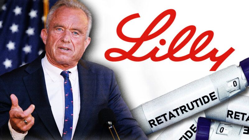 RFK Jr. on the left in front of an American flag, the Eli Lilly logo and a pen of retatrutide on the right | Photo: Jonathan Alcorn/ZUMAPRESS/Newscom/Kateryna Borodina/Dreamstime