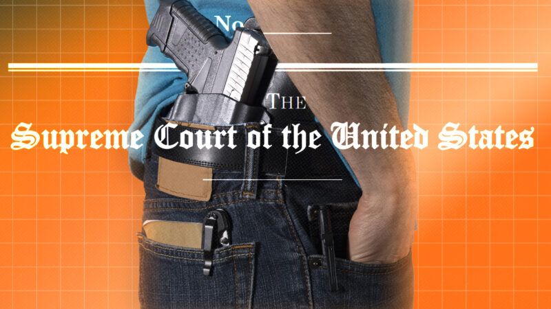 the logo of the U.S. Supreme Court superimposed on an image of a man carrying a holstered gun | Photo: Jamiecarrollllc/Dreamstime | Illustration: Adani Samat