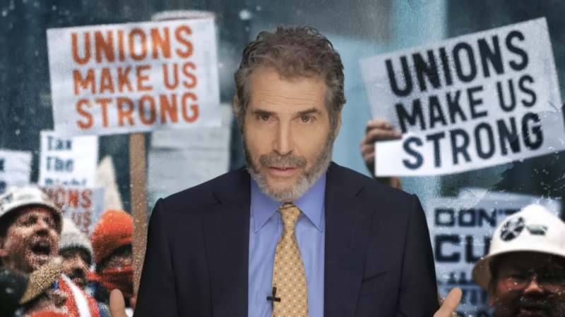 John Stossel is seen next to signs supporting organized labor | Stossel TV