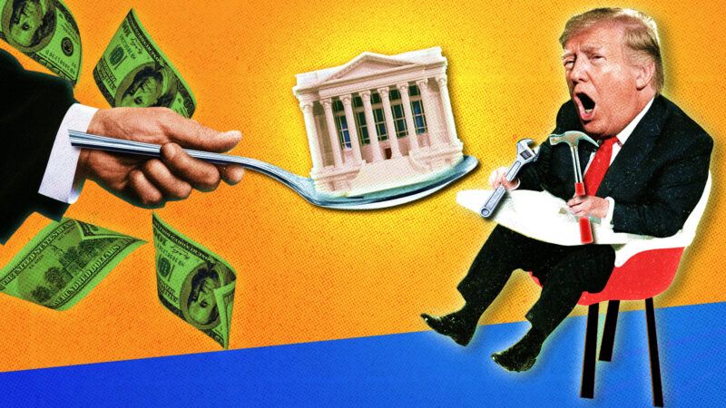 a robed arm delivers the White House to a squalling Donald Trump on a silver spoon | Photo: Okea/Alexkalina/Milosluz/Cammeraydave/Dreamstime | Illustration: Fatima Ruiz/Midjourney