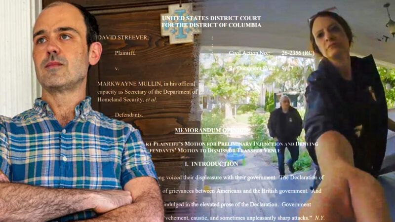 David Streever next to a video still of ICE investigators visiting his home | Jeffrey Carlson/Crimson Dawn Media/FIRE