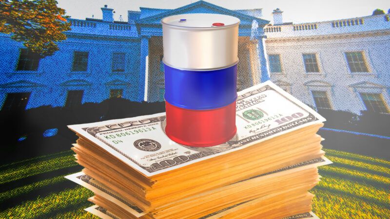 A barrel of oil printed like the Russian flag, on top of a pile of money, in front of the White House. | Illustration: Adani Samat. Photo: Mtkang/Valentin M Armianu/Dreamstime