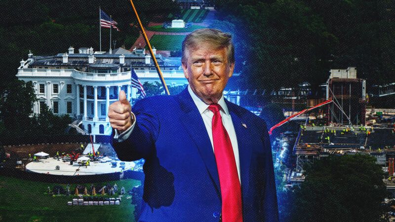 President Donald Trump gives a thumbs up. In the background is a picture of the White House with construction of Trump's ballroom ongoing. | Illustration: BONNIE CASH/UPI/Newscom