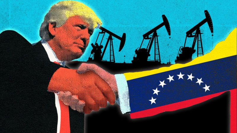 Trump shaking hands with a figure wearing the Venezuelan flag | Photo: Wenbin Yu/Dreamstime. Illustration: Fatima Ruiz/Midjourney