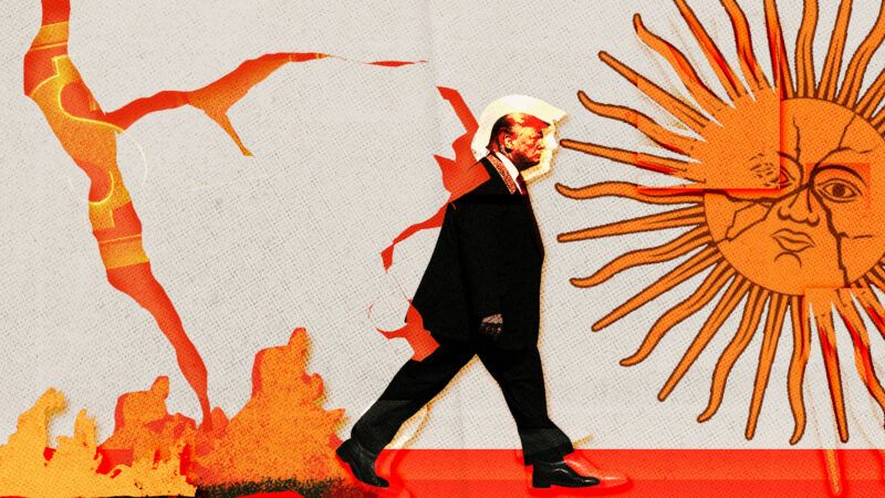 Donald Trump walking on a fiery background featuring the Argentine flag's 'Sol de Mayo'. | Fatima Ruiz/Midjourney
