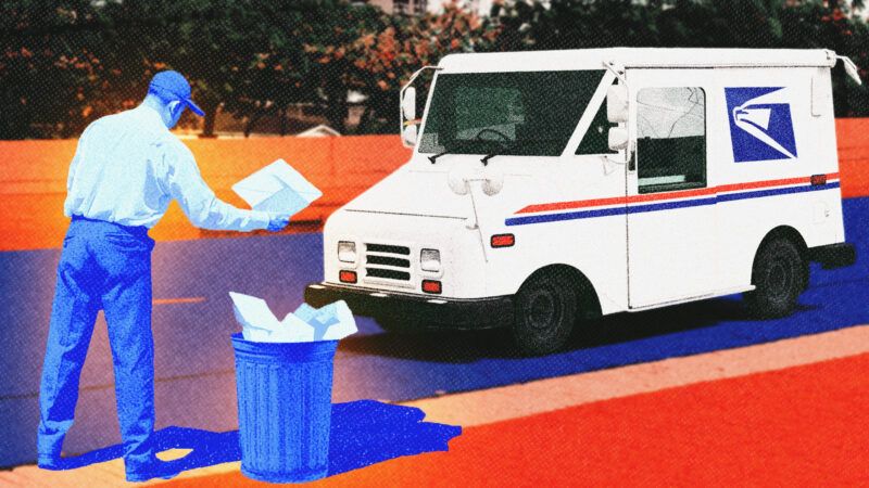 A USPS postal carrier throws mail into a garbage can. | Illustration: James Crawford/Dreamstime/Midjourney