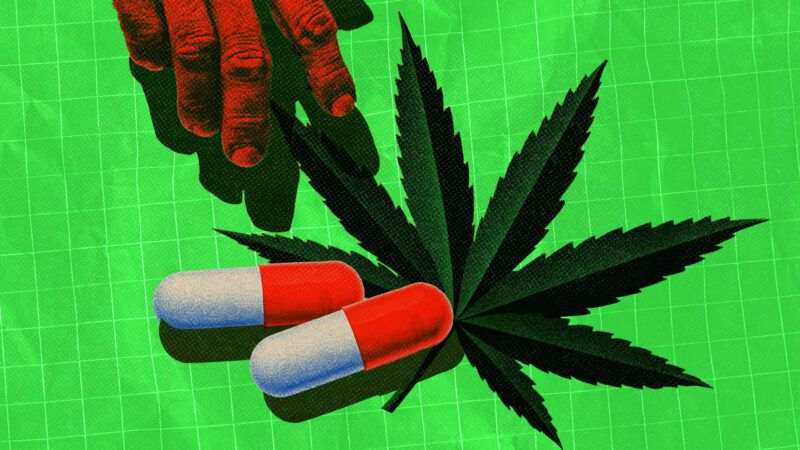 a hand, a cannabis leaf, and prescription drug capsules against a backdrop of graph paper | Ruslan Minakryn/Dreamstime/Midjourney