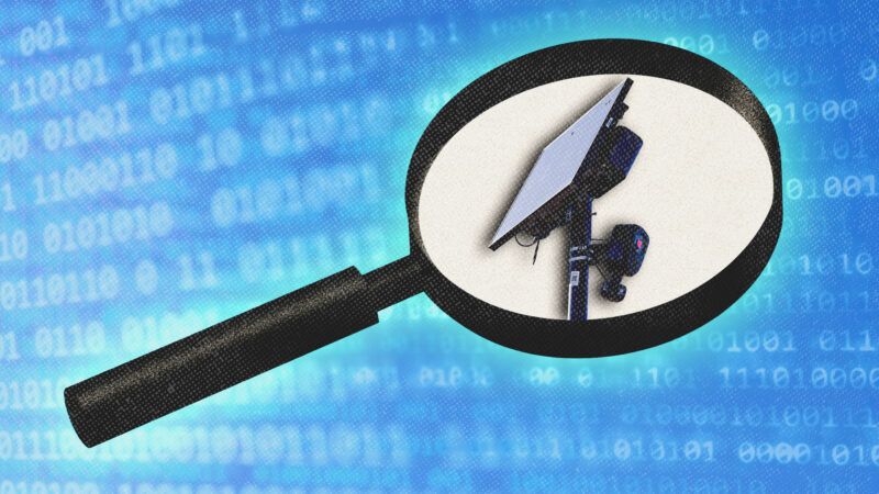 Magnifying glass with a Flock camera in the lense | Illustration: Charles McClintock Wilson/ZUMAPRESS/Newscom/Ivra00/Dreamstime/Midjourney