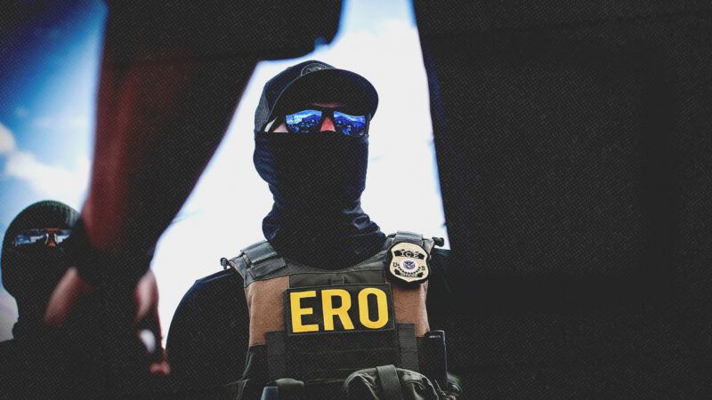 A masked agent with Immigration and Customs Enforcement's (ICE) Enforcement and Removal Operations (ERO) badging on his body armor. He wears sunglasses and a baseball cap, in addition to a gator-style face mask. | Kelly Kimball/ZUMAPRESS/Newscom
