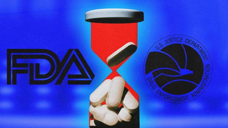 A pill bottle in the shape of an hourglass, placed between the FDA and DEA logos | Federal Drug Administration/Drug Enforcement Agency/Rud/Dreamstime/Midjourney