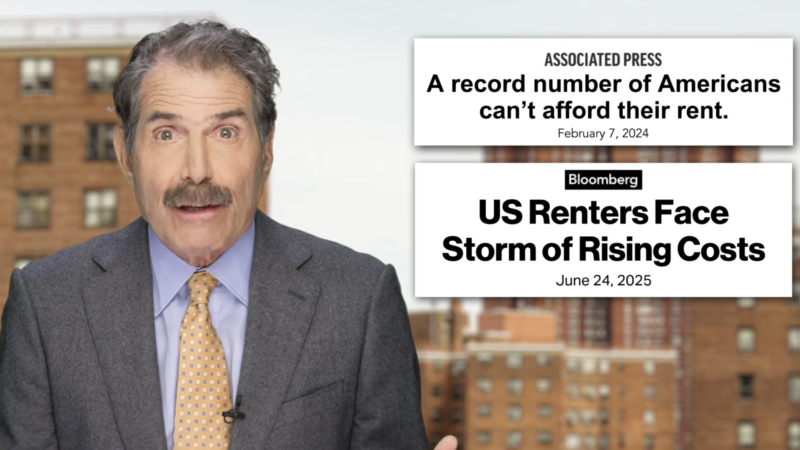 John Stossel stands next to headlines about rent control | Stossel TV
