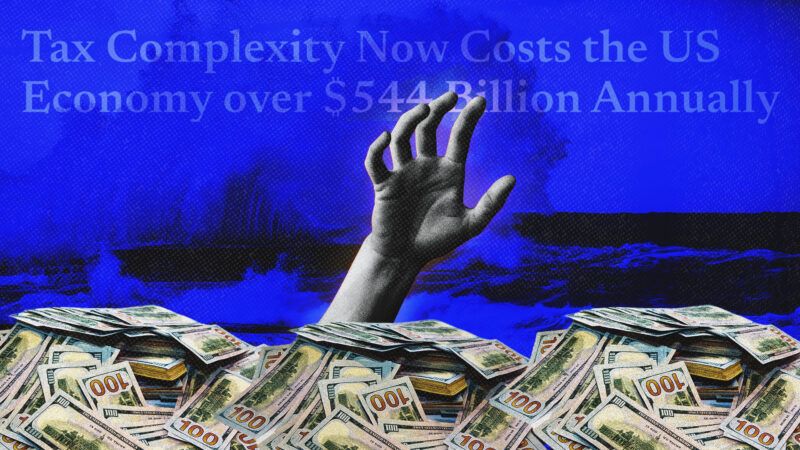 A hand breaks out from beneath a sea of money. Text in the background says, "Tax Complexity Now Costs the US Economy over $544 Billion Annually." | Illustration: Tax Foundation/Vera Volkova/Anna Om/Dreamstime/Midjourney