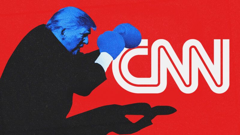 Trump in boxing gloves sparring with the CNN logo | CNN/Midjourney
