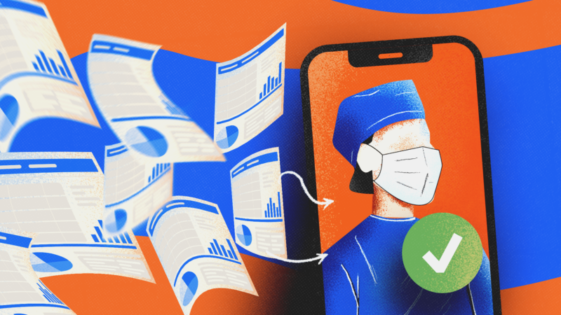 A blue and orange illustrated image of papers flying across a screen and a cellphone with a picture of a doctor in scrubs on it with a green checkmark. | Illustration: Mariam Zakaidze