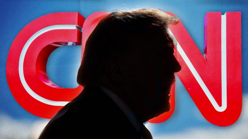 a silhouette of President Donald Trump in front of the CNN logo | Samuel Corum/Pool via CNP/Polaris/Newscom/Andreykr/Dreamstime