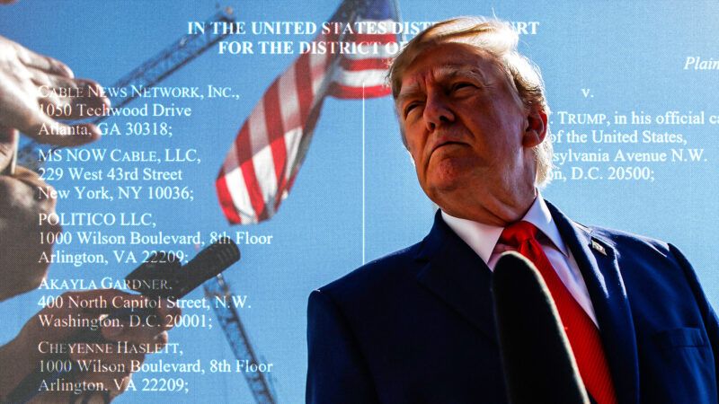 reporters aiming microphones at President Donald Trump, with a page from a federal lawsuit in the background | Illustration: Adani Samat | Photo: Samuel Corum/Pool via CNP/Polaris/Newscom