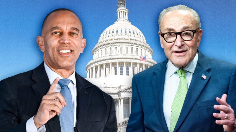 Hakeem Jeffries (on the left) and Chuck Schumer (on the right) with the U.S. Capitol building behind them | Illustration: ichael Brochstein/Anthony Behar/Sipa USA/Newscom/Sborisov/Dreamstime